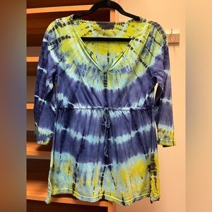 Blue and Green tie dye RXB dress, adjustable pull belt, long/mid-length sleeve